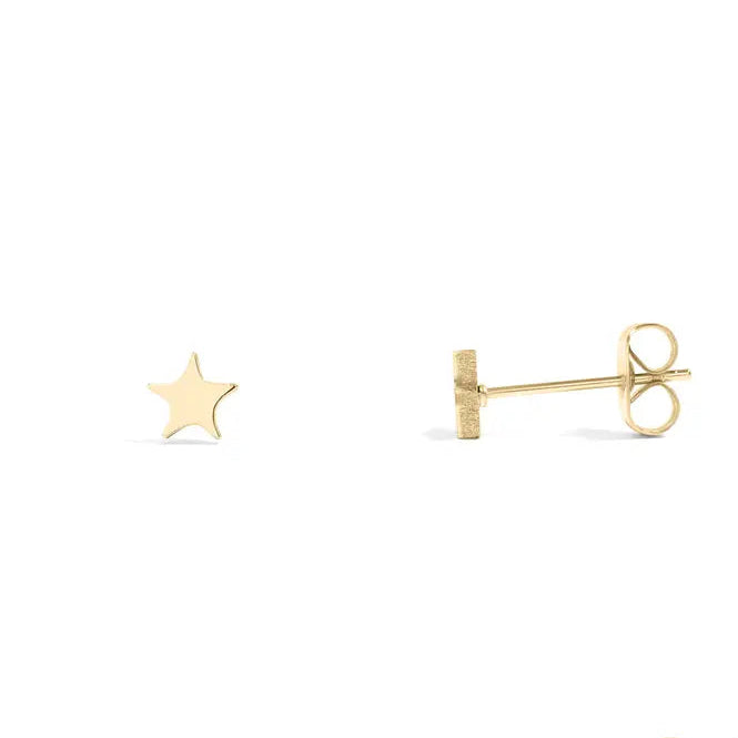 Gold star earring and gold hoop earring on a white background