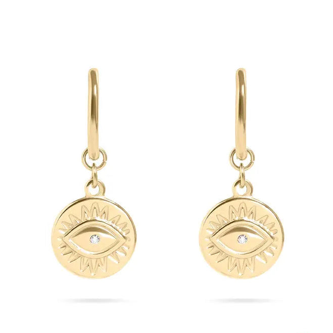 18K Gold Pvd Stainless Steel Evil Eye Charm Huggie Earrings