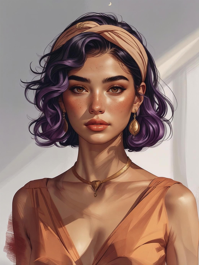 Woman with purple hair and a beige headband wearing an orange top against a neutral background