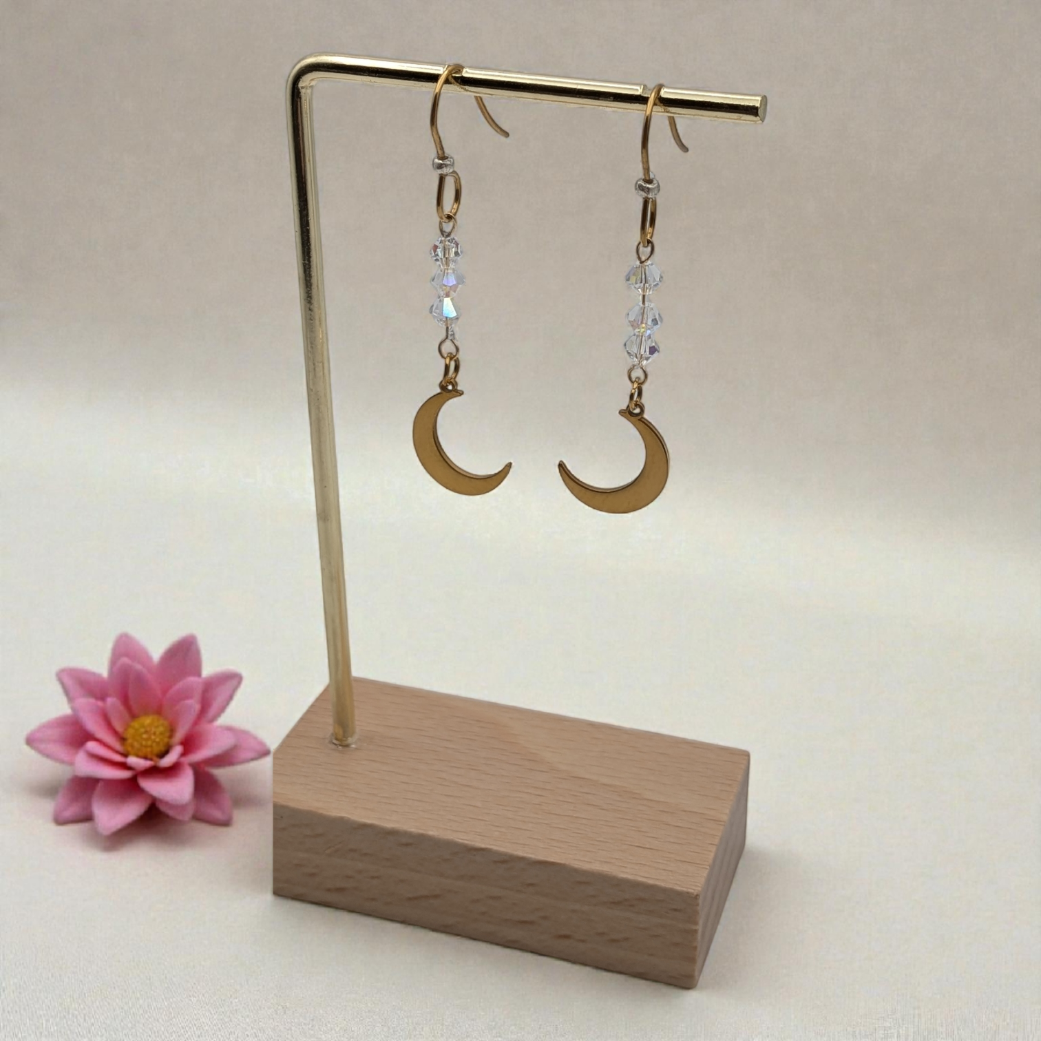 Celestial Crescent Moon Drop Earrings | 18K PVD Gold 316L Stainless Steel with AB Crystal Accents