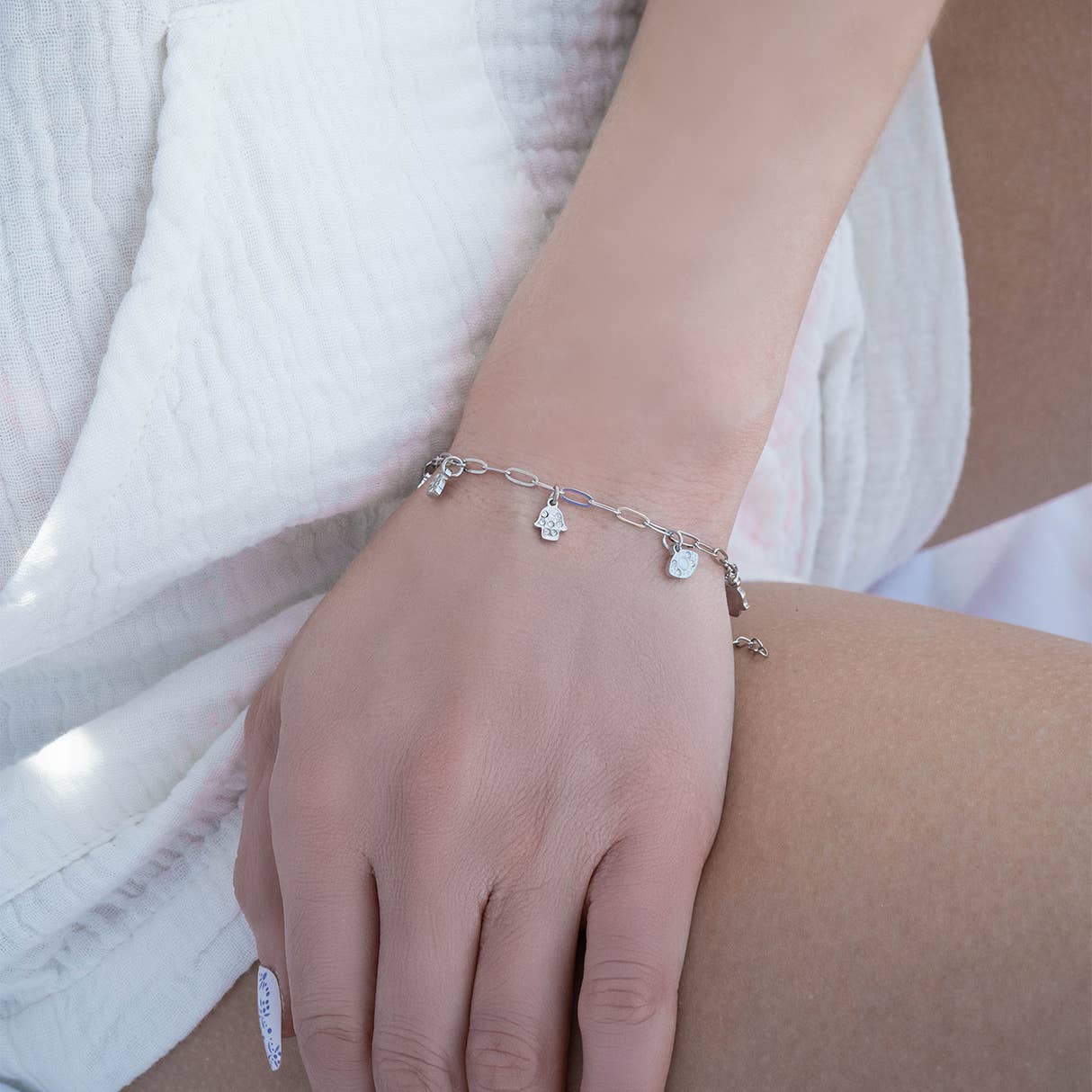 Hamsa & Evil Eye Paperclip Charm Bracelet – 18K PVD Gold 316L Stainless Steel