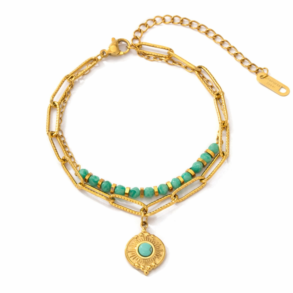 Turquoise Sunburst Evil Eye Layered Bracelet - 18K PVD Gold over Stainless Steel