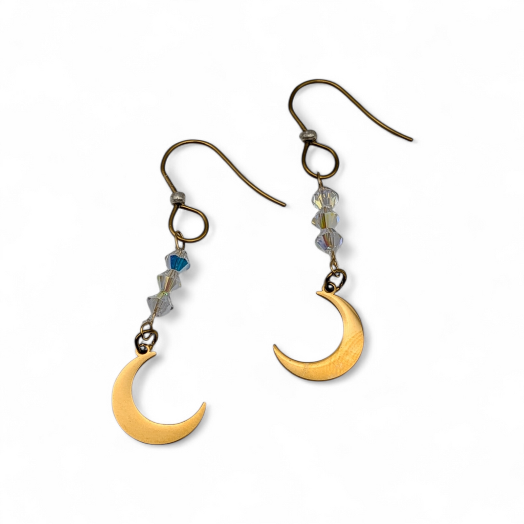 Celestial Crescent Moon Drop Earrings | 18K PVD Gold 316L Stainless Steel with AB Crystal Accents