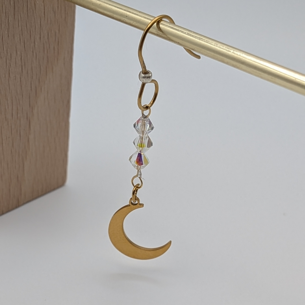 Celestial Crescent Moon Drop Earrings | 18K PVD Gold 316L Stainless Steel with AB Crystal Accents
