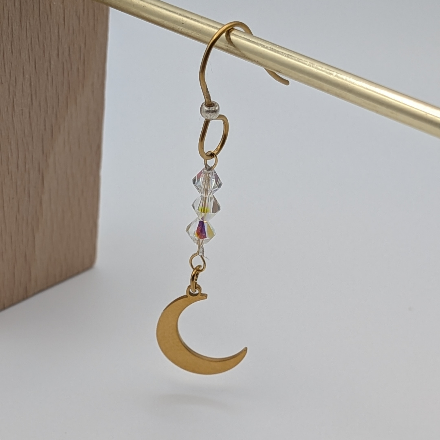 Celestial Crescent Moon Drop Earrings | 18K PVD Gold 316L Stainless Steel with AB Crystal Accents