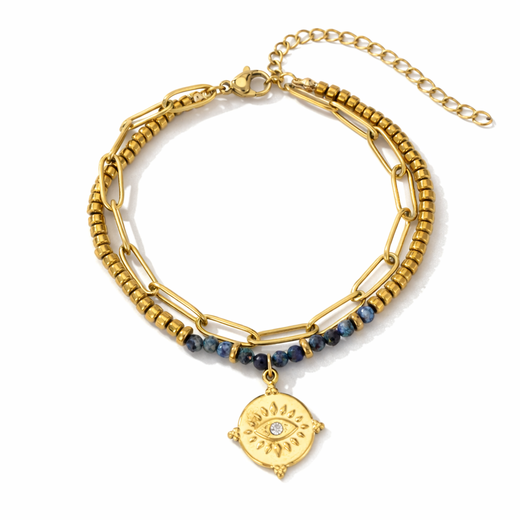 Blue Stone Evil Eye Layered Bracelet - 18K PVD Gold over Stainless Steel