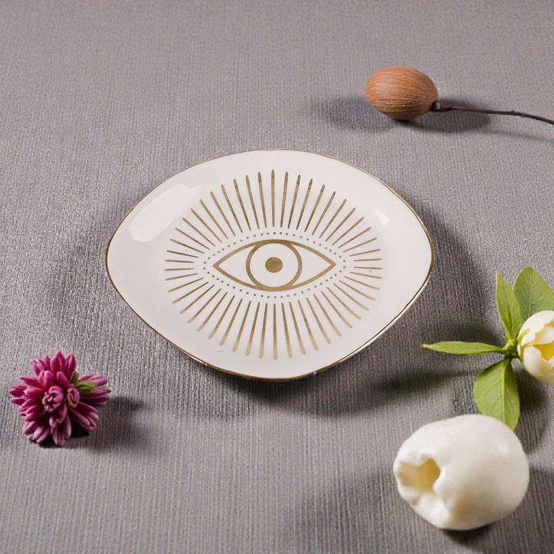 Mystic Eye Ceramic Jewelry Dish – White & Gold Trinket Tray