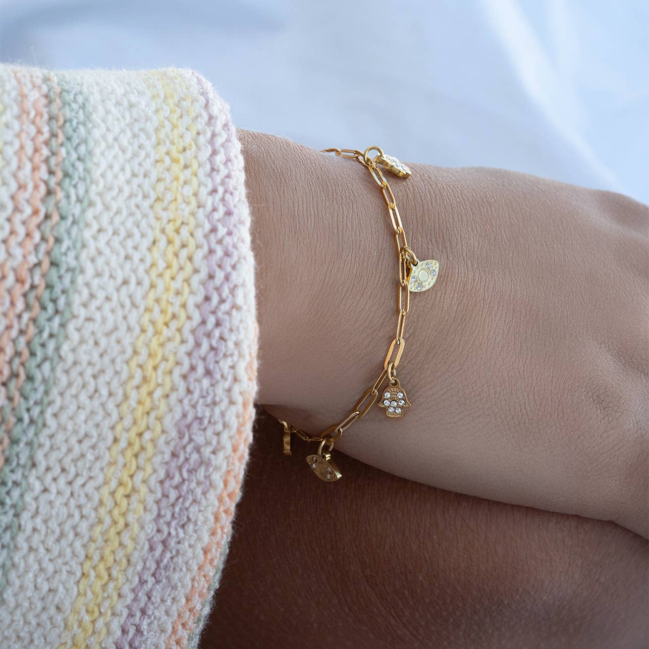 Hamsa & Evil Eye Paperclip Charm Bracelet – 18K PVD Gold 316L Stainless Steel