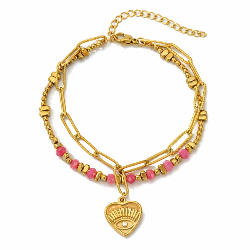 Evil Eye Heart Layered Bracelet – 18K PVD Gold over Stainless Steel