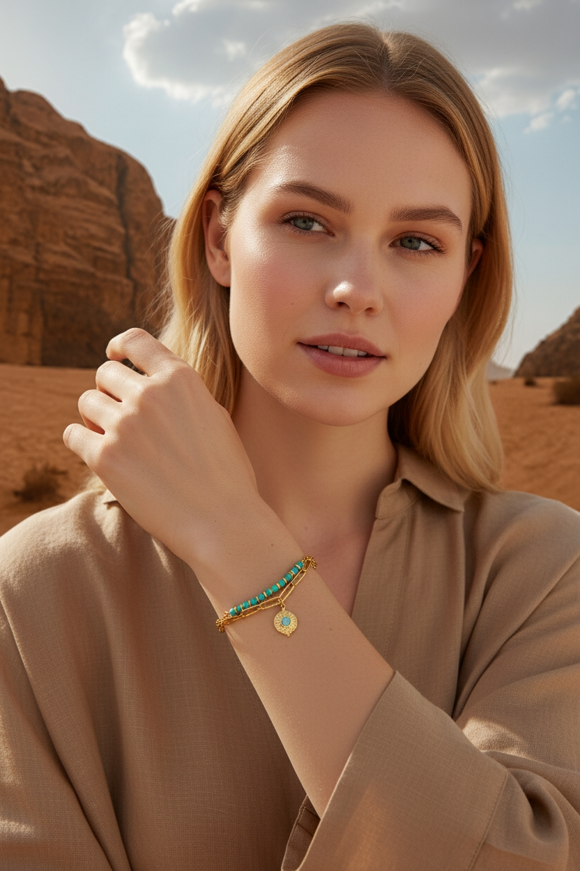 Turquoise Sunburst Evil Eye Layered Bracelet - 18K PVD Gold over Stainless Steel