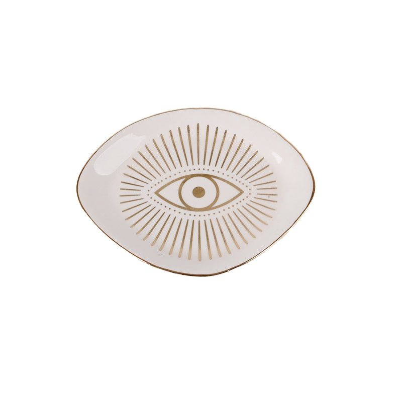 Mystic Eye Ceramic Jewelry Dish – White & Gold Trinket Tray